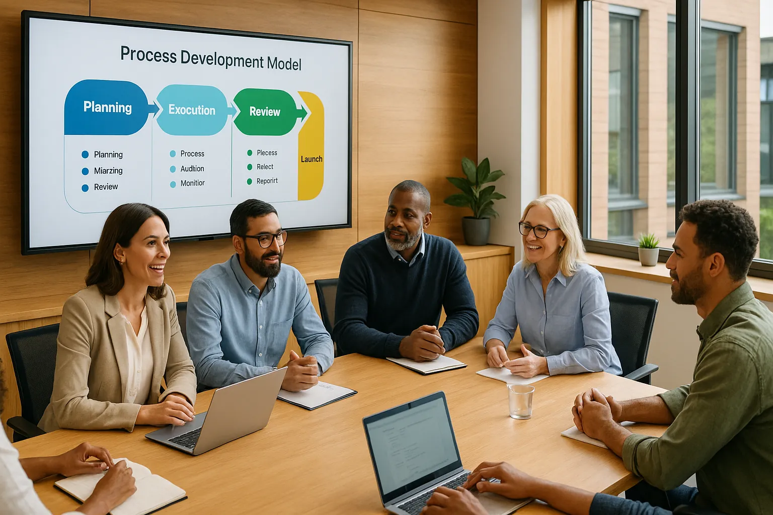 Team collaborating around a digital workflow board